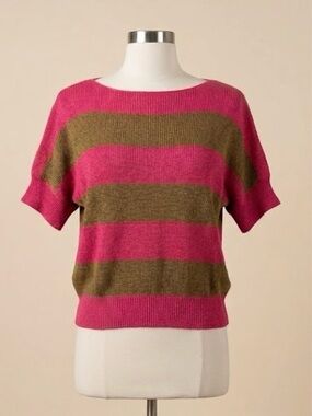 POL Pink & Brown Striped Short Sleeve Sweater Knit Top - Size L